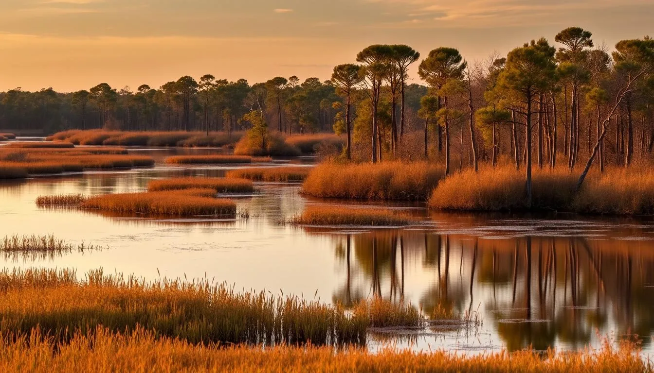 Scenic-wetland-landscape-at-Lacassine-National-Wildlife-Refuge-Louisiana-with-cypress-trees-and Scenic wetland landscape at Lacassine National Wildlife Refuge Louisiana with cypress trees and marsh grasses