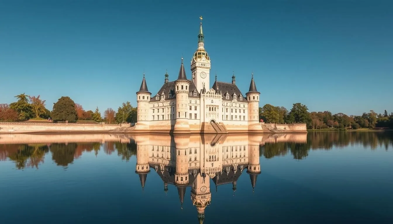 Schwerin Castle reflecting in Lake Schwerin on a sunny day, showcasing its fairytale architecture and multiple turrets