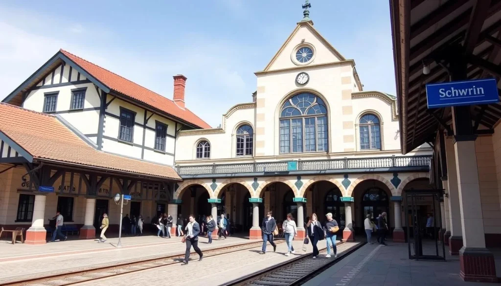 Schwerin's historic train station with traditional architecture, serving as the arrival point for visitors to Schwerin, Germany
