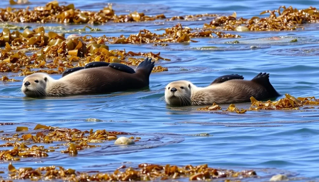 Sea otters floating in Morro Bay estuary with kelp, viewed from Turtle Rock trail
