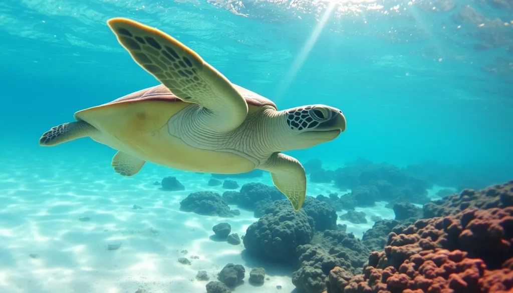 Sea turtle swimming in the clear waters of Paradise Cove Beach Oahu Hawaii