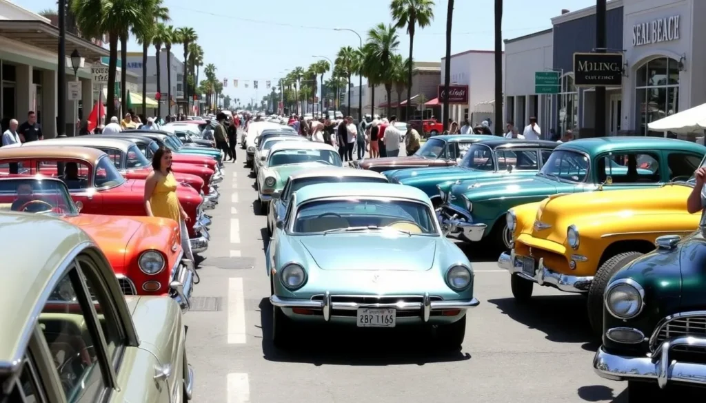 Seal Beach Car Show with classic automobiles displayed along Main Street