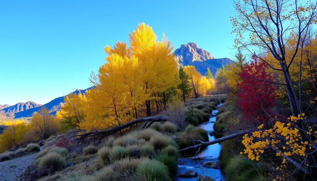 Seasonal view of Jordan Hot Springs area in fall with colorful foliage