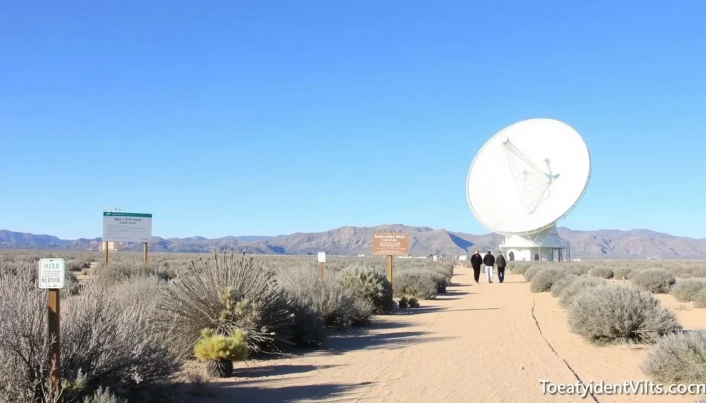 Self-guided walking tour path at the Very Large Array with a radio telescope in the background