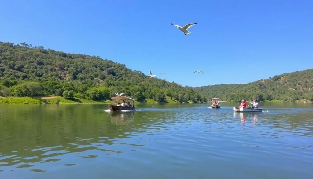Serene view of Karanji Lake with birds and boating activities