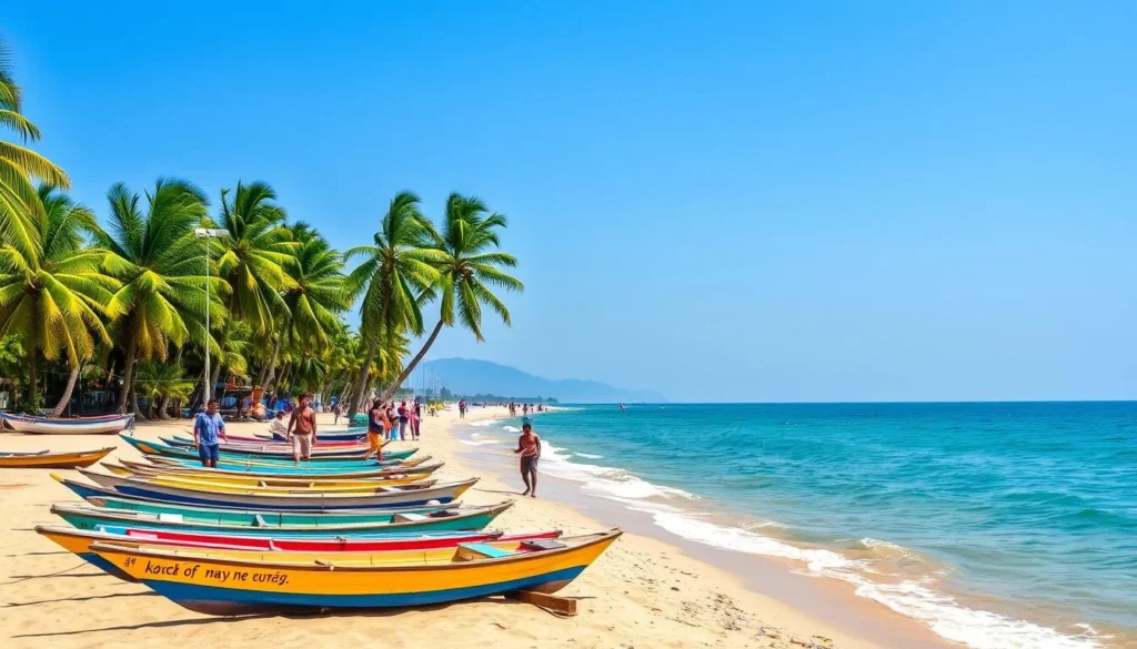 Serenity Beach in Puducherry with fishing boats and palm trees