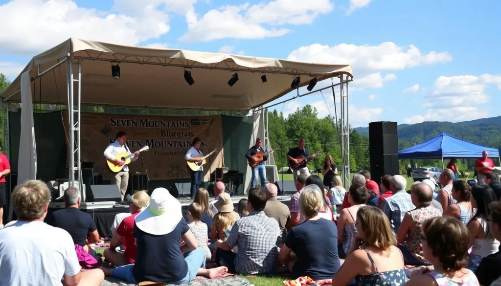 Seven Mountains Bluegrass Festival with musicians performing on stage and diverse audience enjoying the music Seven Mountains Bluegrass Festival with musicians performing on stage and diverse audience enjoying the music
