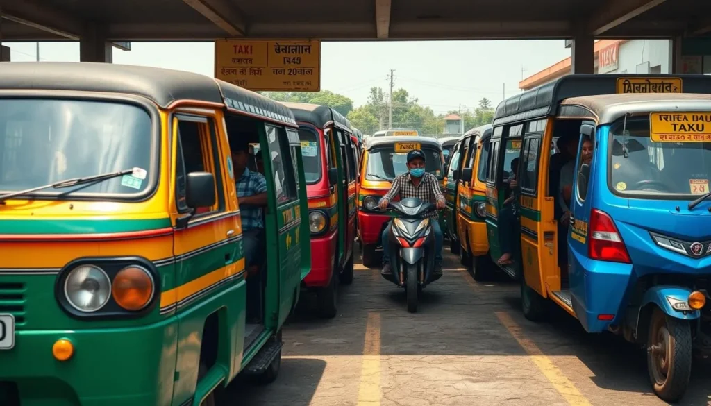 Shared taxi stand in Kohima with colorful local vehicles and a few passengers