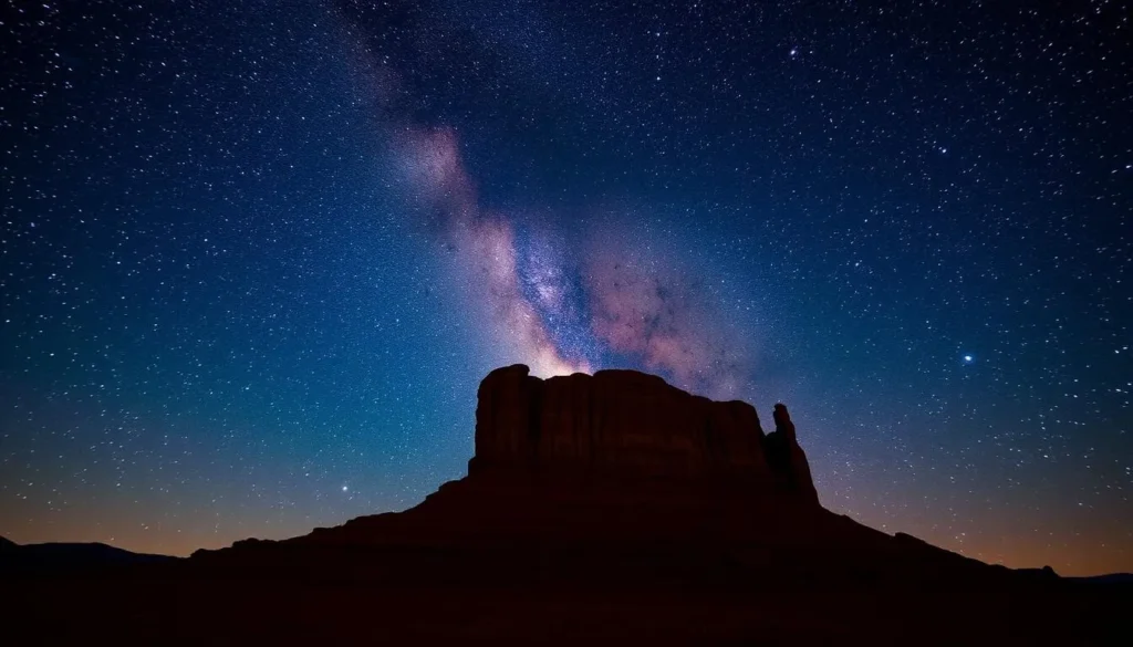 Shiprock formation under a starry night sky with the Milky Way visible above Shiprock formation under a starry night sky with the Milky Way visible above