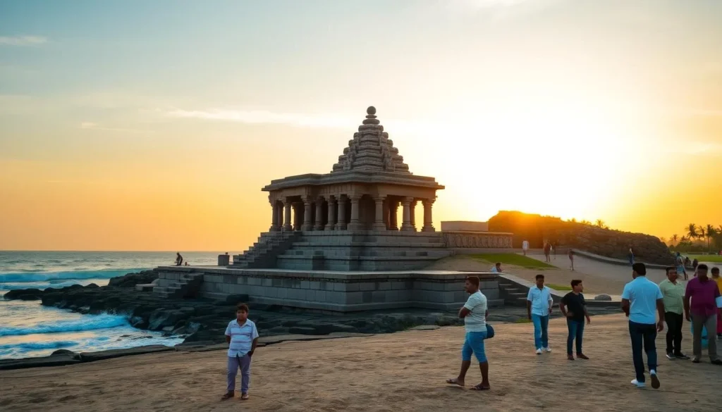 Shore Temple at Mahabalipuram with ancient stone carvings near sunset