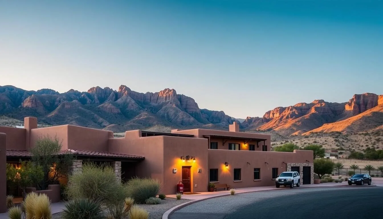 Sierra-Grande-Lodge-exterior-with-mountains-in-background-Truth-or-Consequences-New-Mexico Sierra Grande Lodge exterior with mountains in background, Truth or Consequences, New Mexico