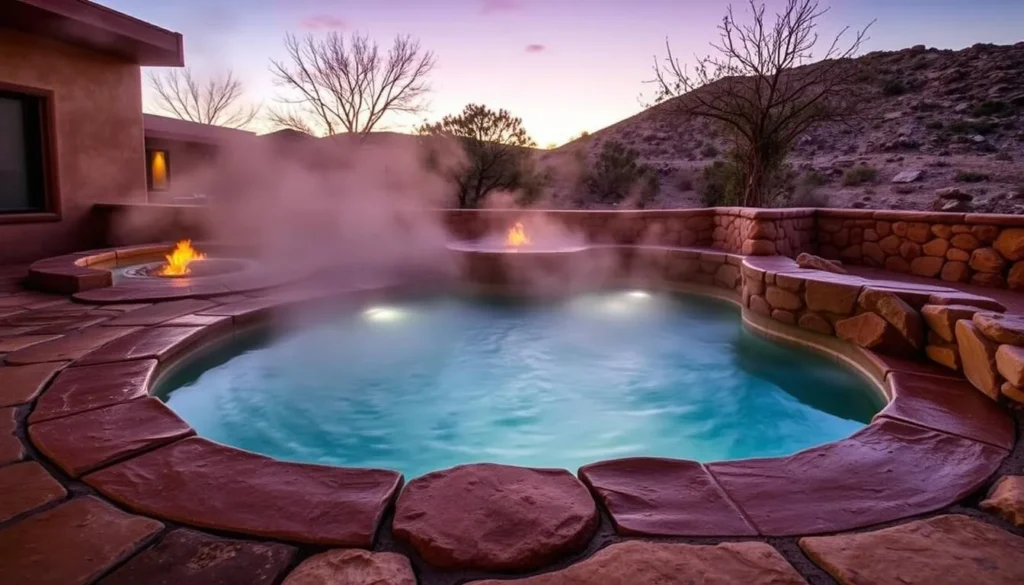 Sierra Grande hot springs pool with steam rising in the evening light Sierra Grande hot springs pool with steam rising in the evening light