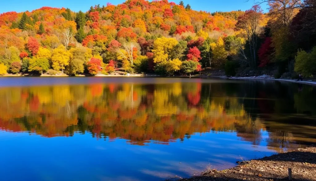 Silverwood Lake in autumn with colorful fall foliage surrounding the shoreline and reflecting in the calm water