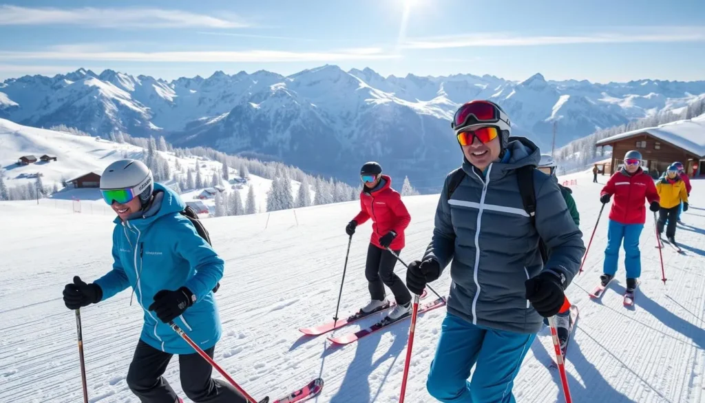 Skiers enjoying perfect conditions at a Swiss ski resort with mountain backdrop