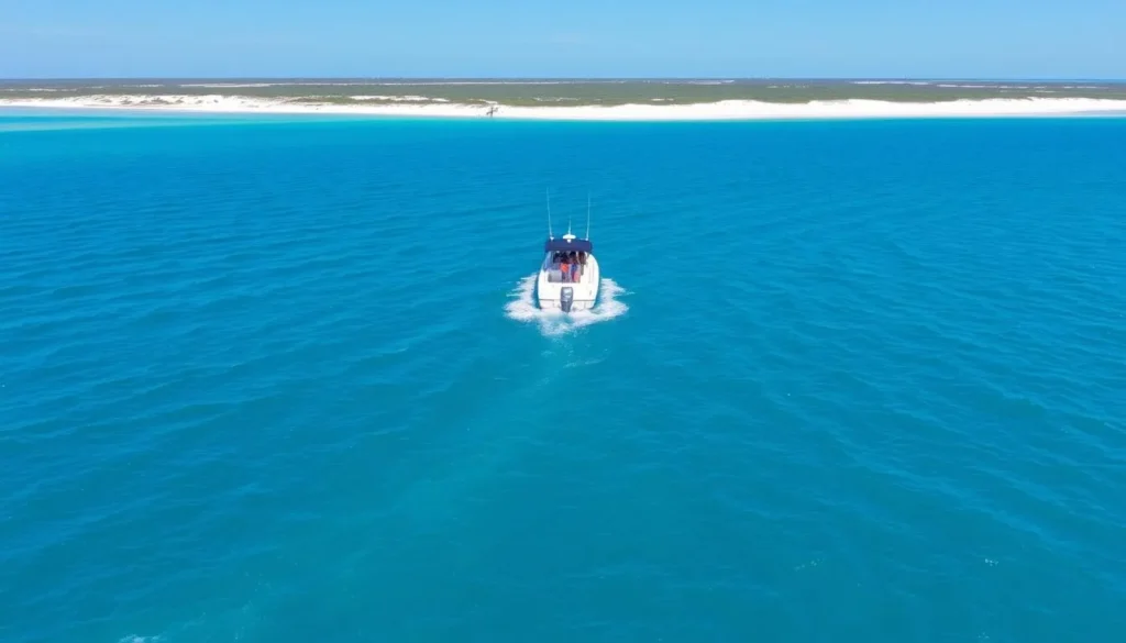 Small boat approaching Trinity Island Louisiana with natural coastal landscape