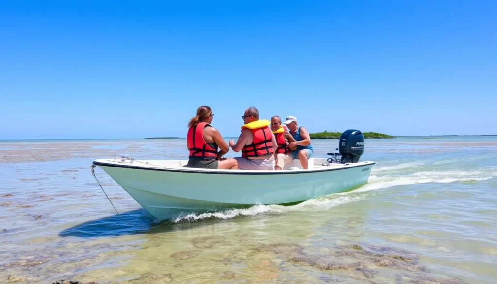 Small boat navigating carefully around shallow areas near Timbalier Island with safety equipment visible