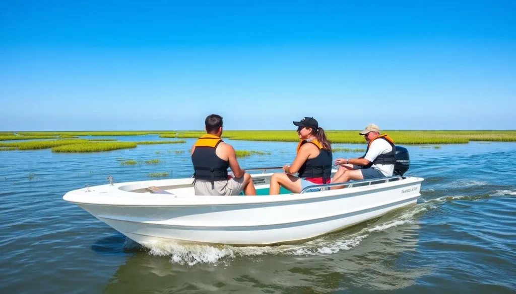Small boat navigating through the coastal waters of Timbalier Bay, Louisiana Small boat navigating through the coastal waters of Timbalier Bay, Louisiana