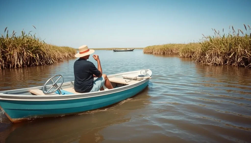 Small boat navigating through the shallow waters around Timbalier Island with marsh grasses visible