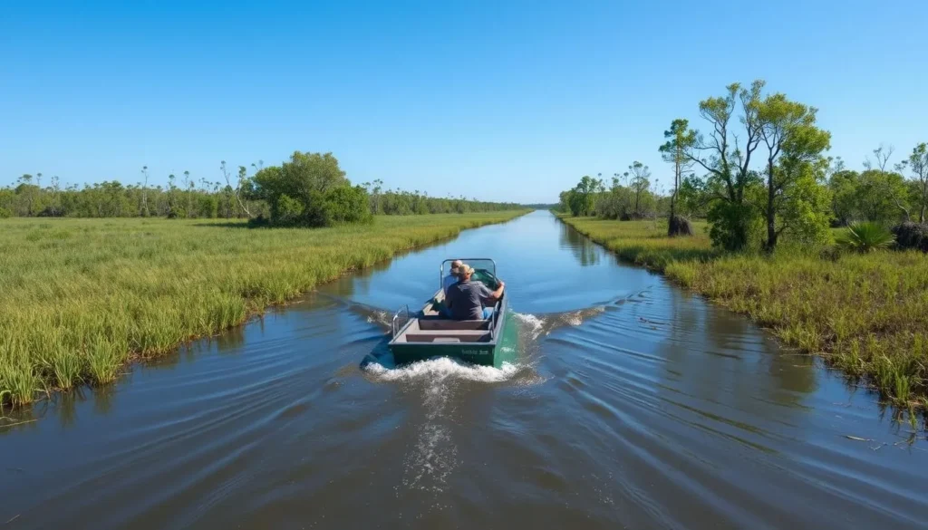 Small boat navigating through the waterways of Delta National Wildlife Refuge Louisiana Small boat navigating through the waterways of Delta National Wildlife Refuge Louisiana