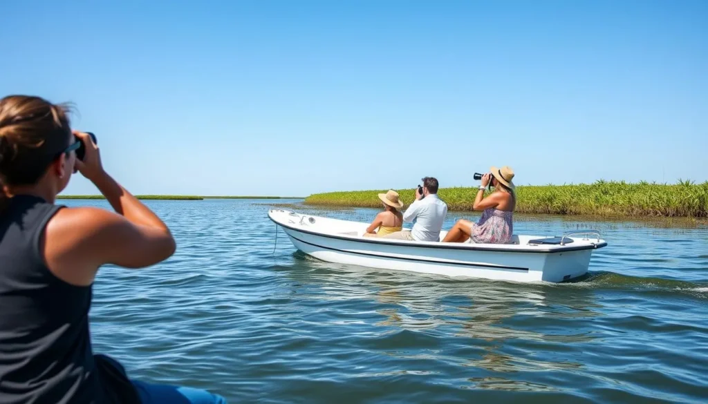 Small boat tour near Rabbit Island with tourists observing wildlife