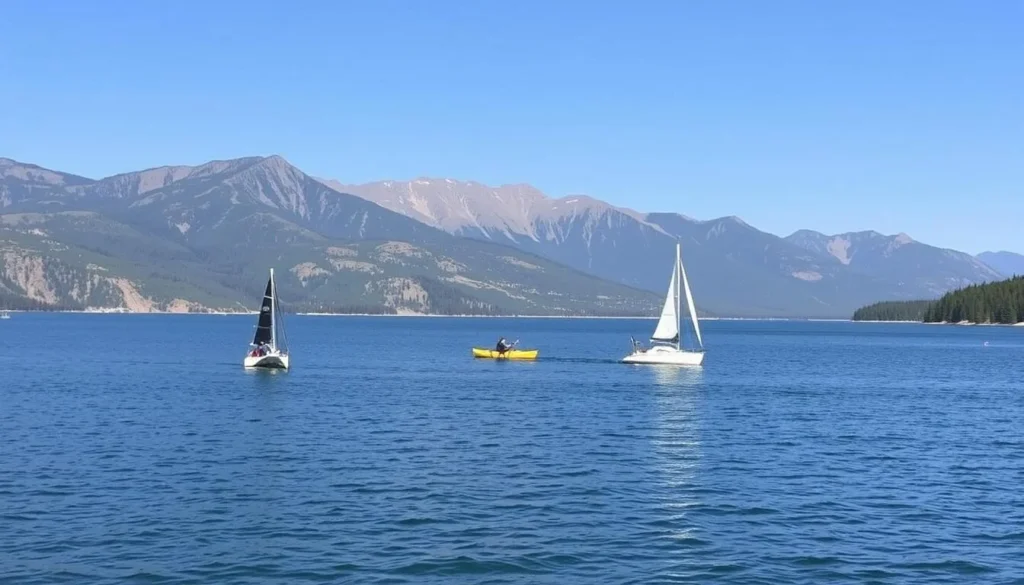 Small boats on Barr Lake with mountain backdrop