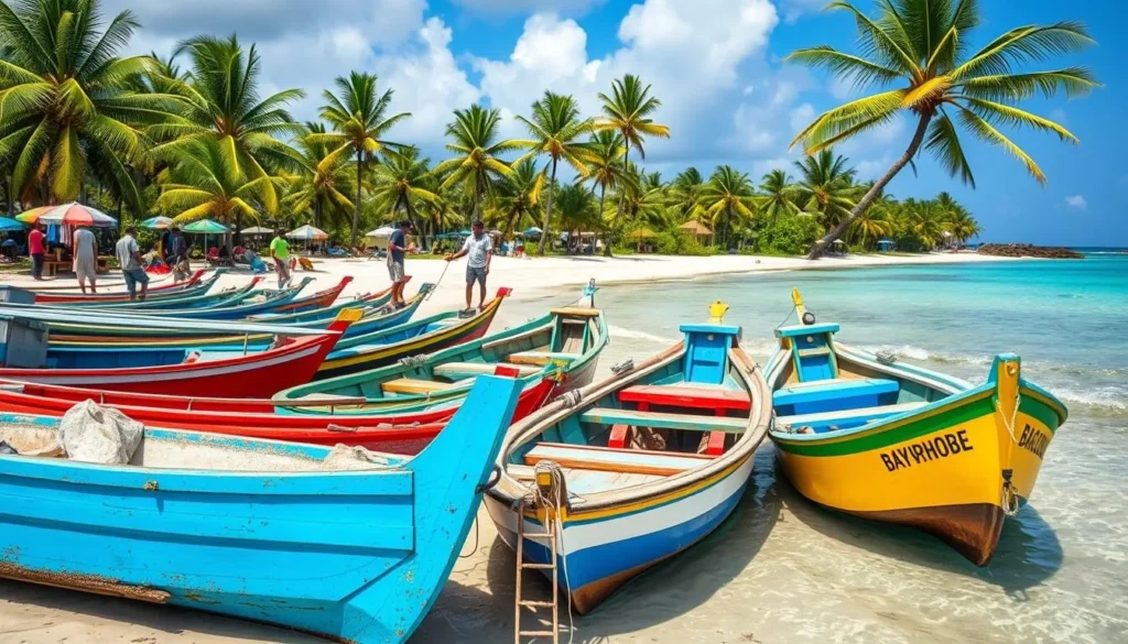 Small colorful fishing boats at Bayahibe beach with local fishermen