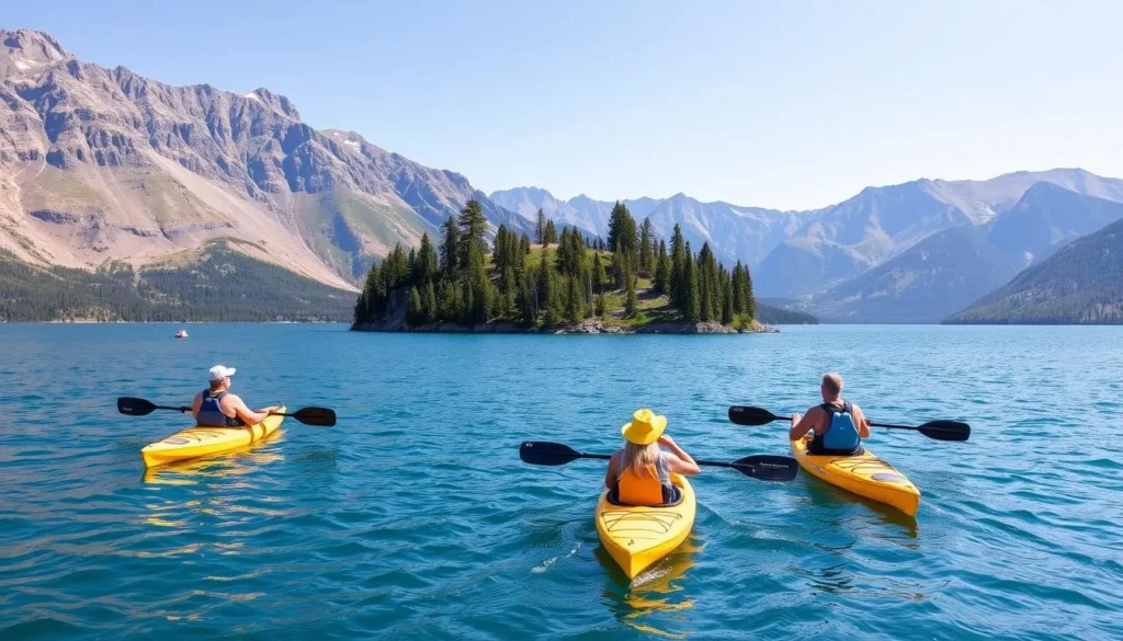 Small group kayaking around Granite Island with mountain backdrop Small group kayaking around Granite Island with mountain backdrop