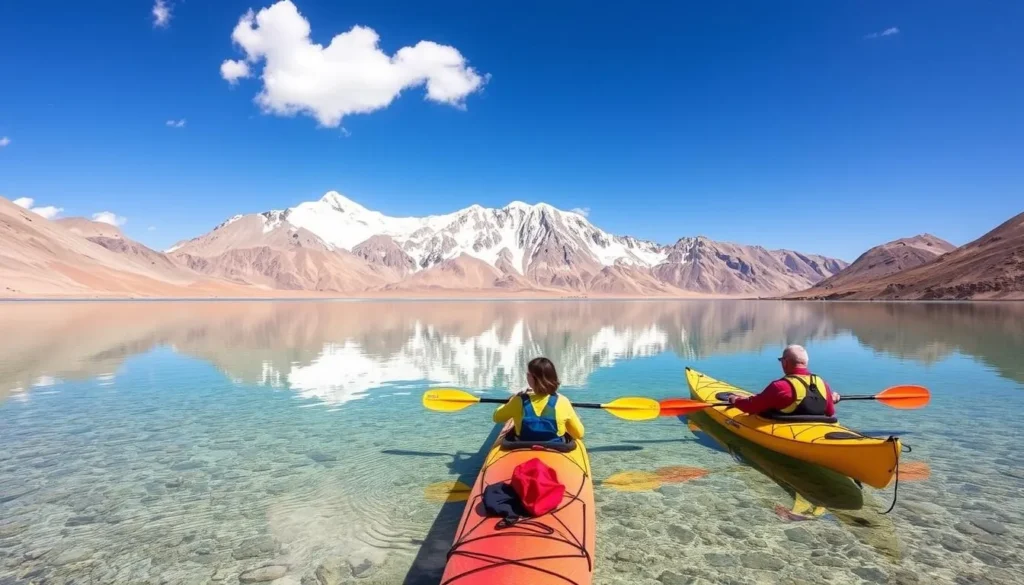 Small group kayaking on alpine lakes near Great Sand Dunes with mountain backdrop