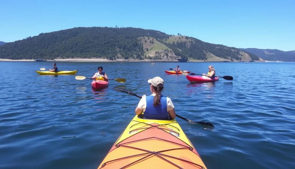 Small group kayaking on the calm waters of Tomales Bay with forested hills in background