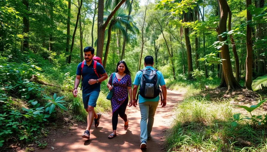 Small group of diverse hikers on a nature trail in Bandipur National Park