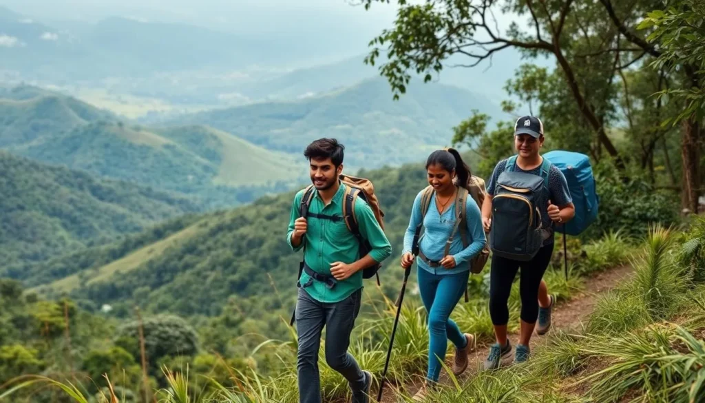Small group of diverse hikers trekking through Wayanad hills with scenic valley views