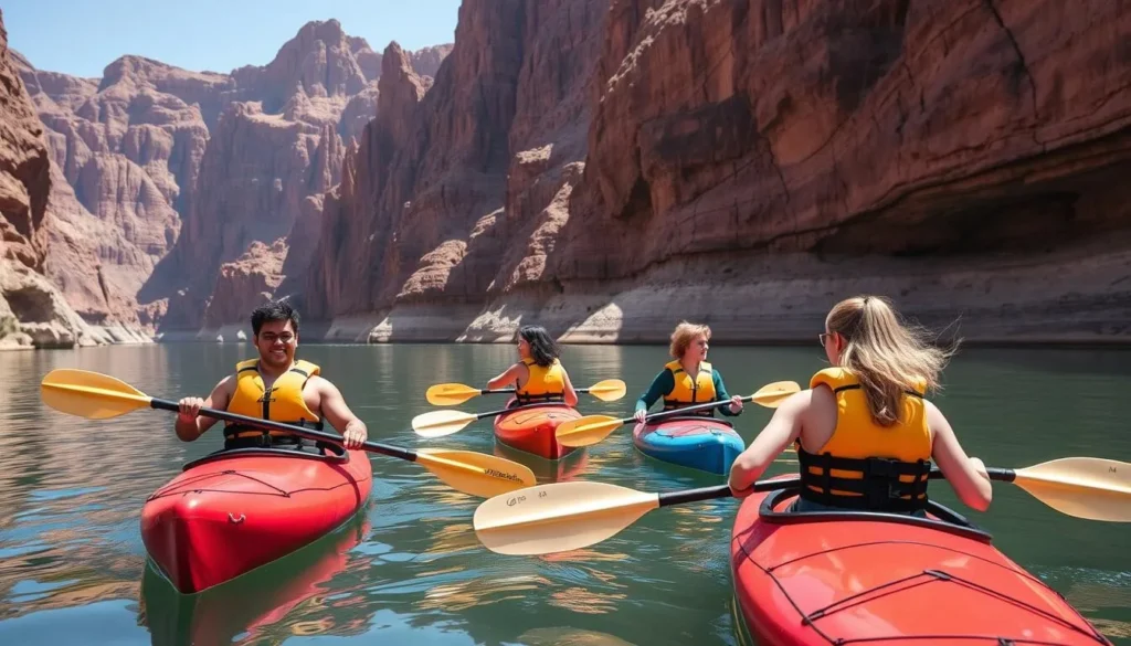 Small group of diverse kayakers paddling through calm section of Salt River Canyon with canyon walls rising above