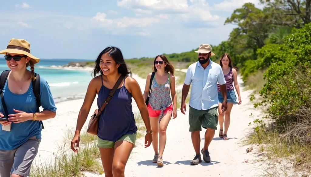 Small group of diverse tourists exploring Raccoon Island on foot with a guide Small group of diverse tourists exploring Raccoon Island on foot with a guide