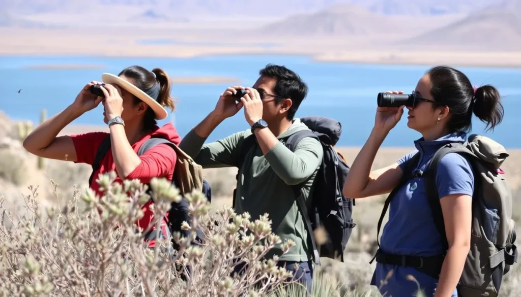 Small group of hikers observing wildlife near Theodore Roosevelt Lake