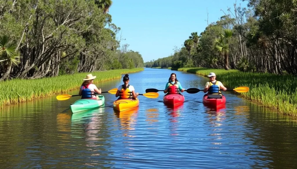Small group of kayakers exploring the waterways of the Creole Nature Trail