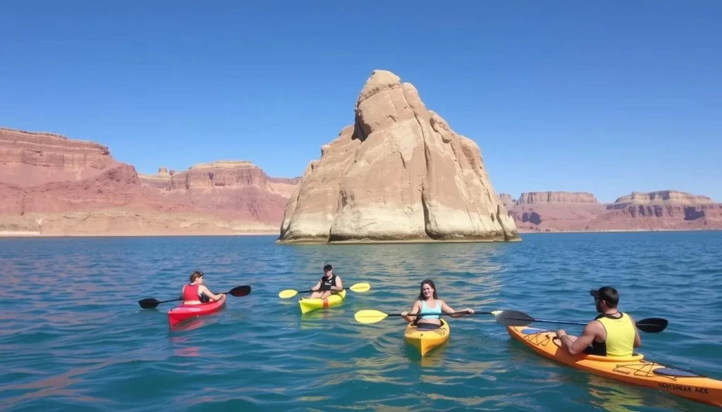 Small group of kayakers paddling near Lone Rock at Lake Powell Arizona with red rock cliffs in the background Small group of kayakers paddling near Lone Rock at Lake Powell Arizona with red rock cliffs in the background