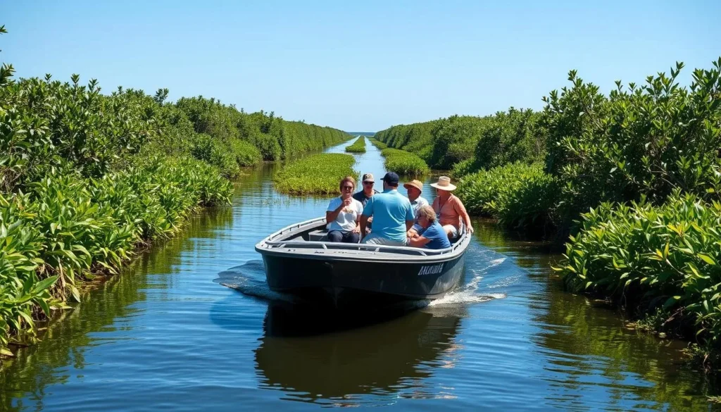 Small tour boat navigating through narrow waterways in Vermilion Bay Wetlands Louisiana