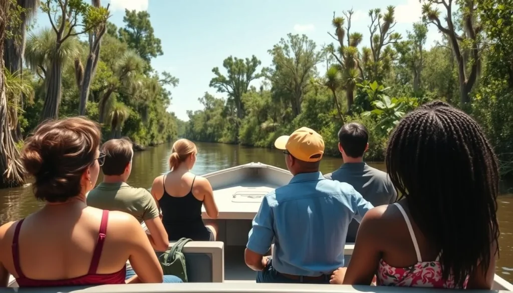 Small tour boat with diverse tourists exploring the bayous near Jean Lafitte