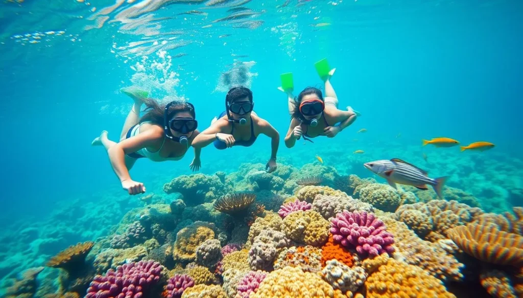 Snorkelers exploring colorful coral reef in Lakshadweep's clear waters