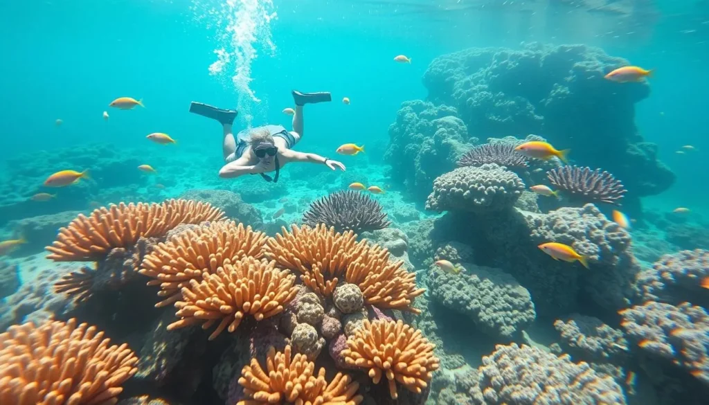 Snorkelers exploring colorful coral reefs in the clear waters of the Red Sea near Hurghada