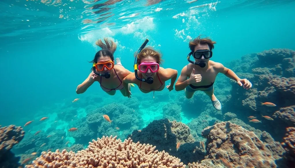 Snorkelers exploring vibrant coral reefs in the Red Sea near Hurghada, one of the best things to do in Egypt