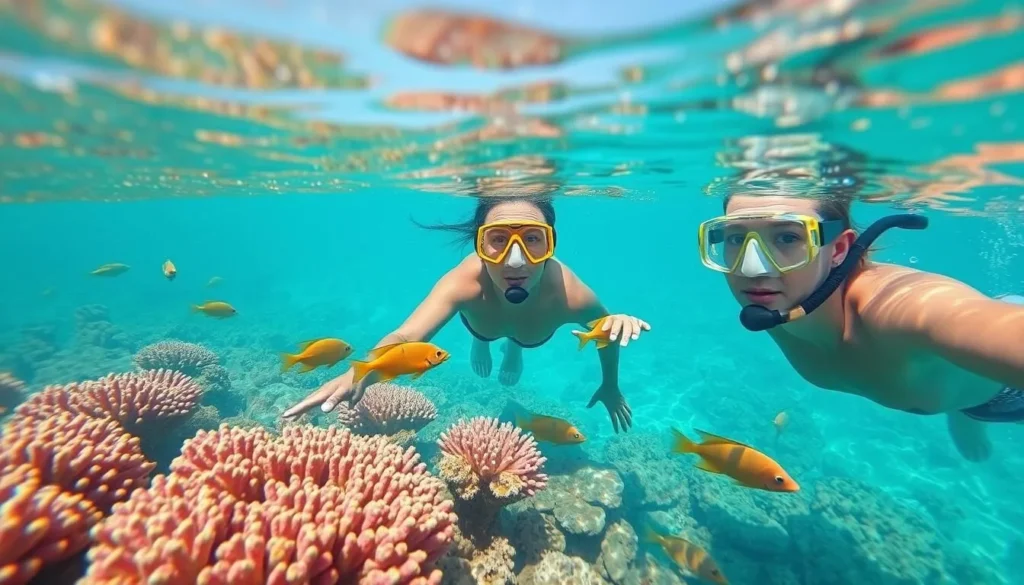 Snorkeling in the crystal-clear waters of the Red Sea near Nuweiba showing colorful coral reefs