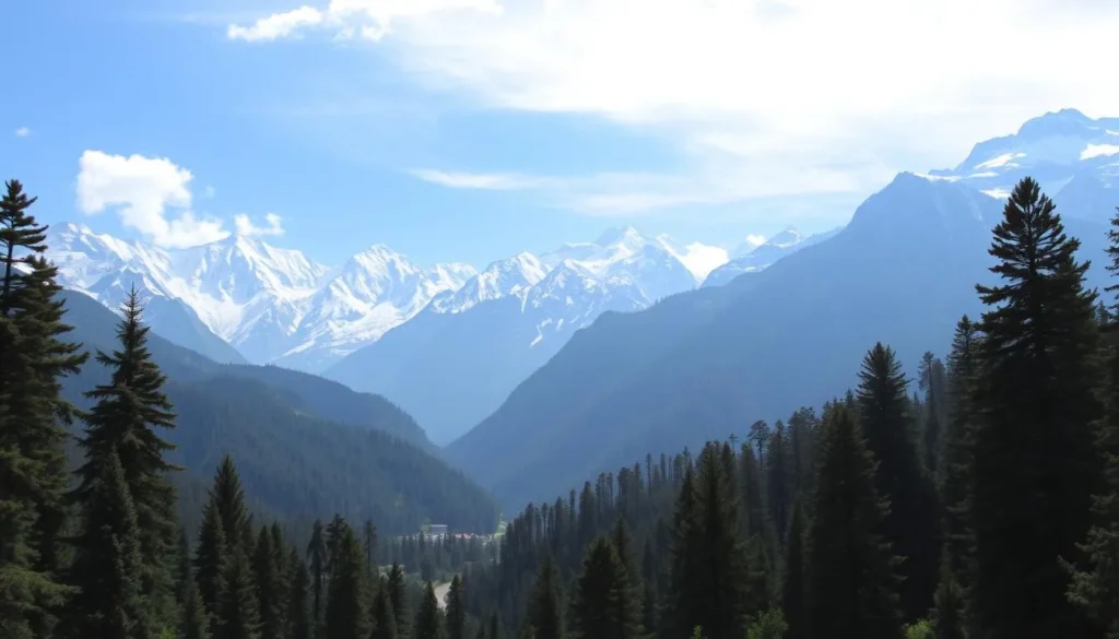 Snow-capped mountains and cedar forests in Himachal Pradesh near Punjab