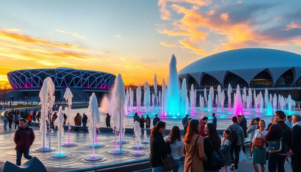 Sochi Olympic Park with its iconic buildings and fountain show