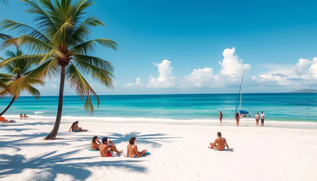 Sosua Beach on a perfect sunny day with palm trees and few tourists