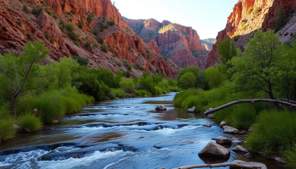 South Boulder Creek flowing through Eldorado Canyon with lush vegetation along the banks South Boulder Creek flowing through Eldorado Canyon with lush vegetation along the banks