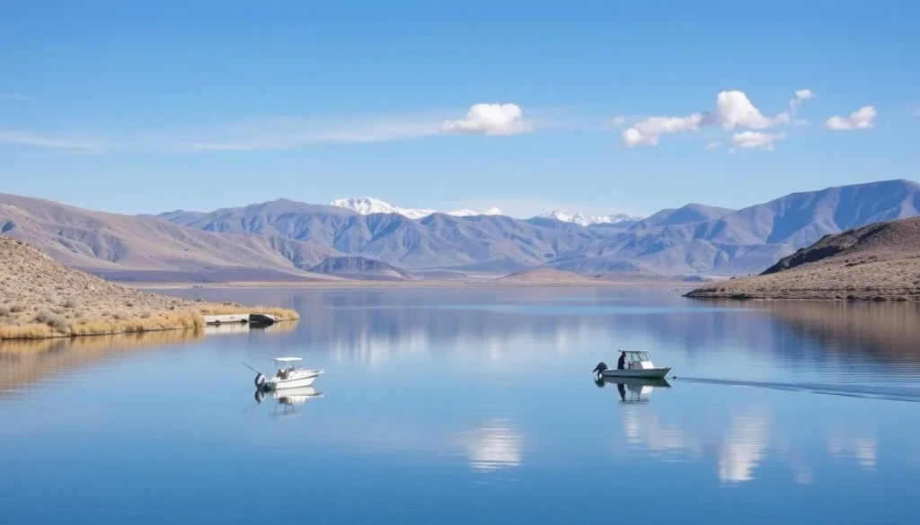 South Fork State Reservoir with fishing boats and mountain backdrop South Fork State Reservoir with fishing boats and mountain backdrop