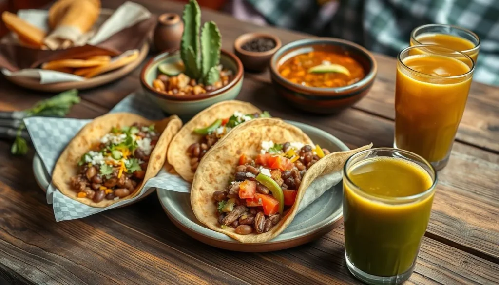 Southwestern cuisine featuring Navajo tacos with fry bread, green chile stew, and prickly pear drinks on a rustic wooden table Southwestern cuisine featuring Navajo tacos with fry bread, green chile stew, and prickly pear drinks on a rustic wooden table