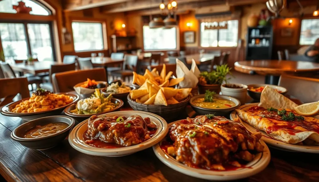 Southwestern cuisine featuring green chile dishes in a rustic Ruidoso restaurant Southwestern cuisine featuring green chile dishes in a rustic Ruidoso restaurant