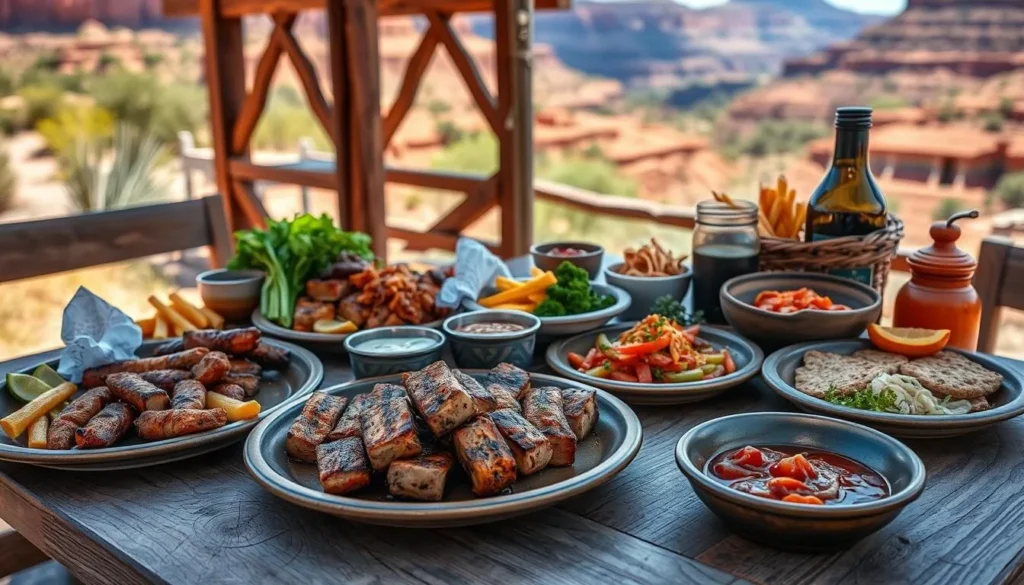 Southwestern cuisine with grilled meats, fresh vegetables, and local specialties served outdoors with canyon views